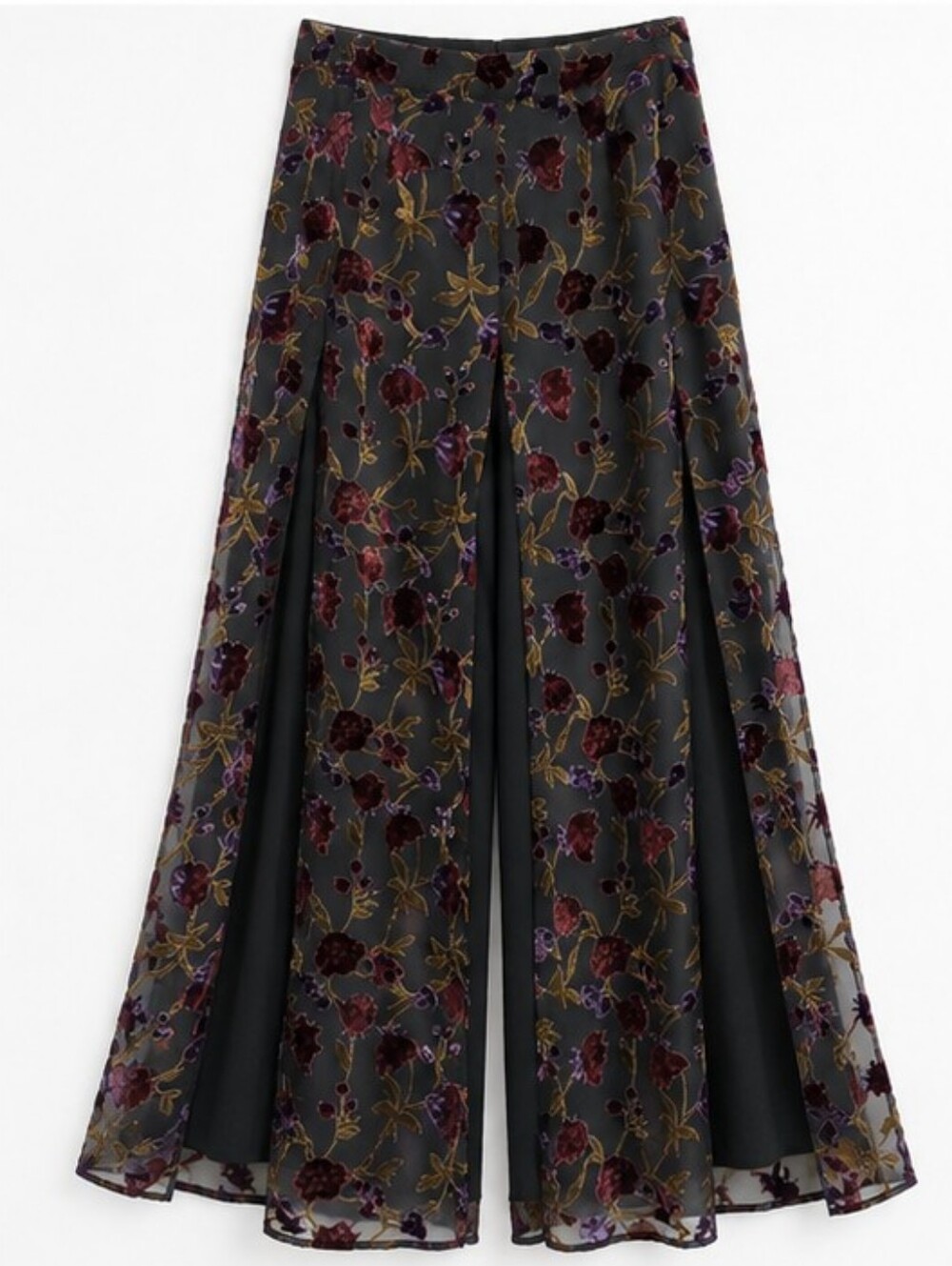 MSK Size 12 Velvet Floral Sheer Overlay Wide Leg Dress Pants